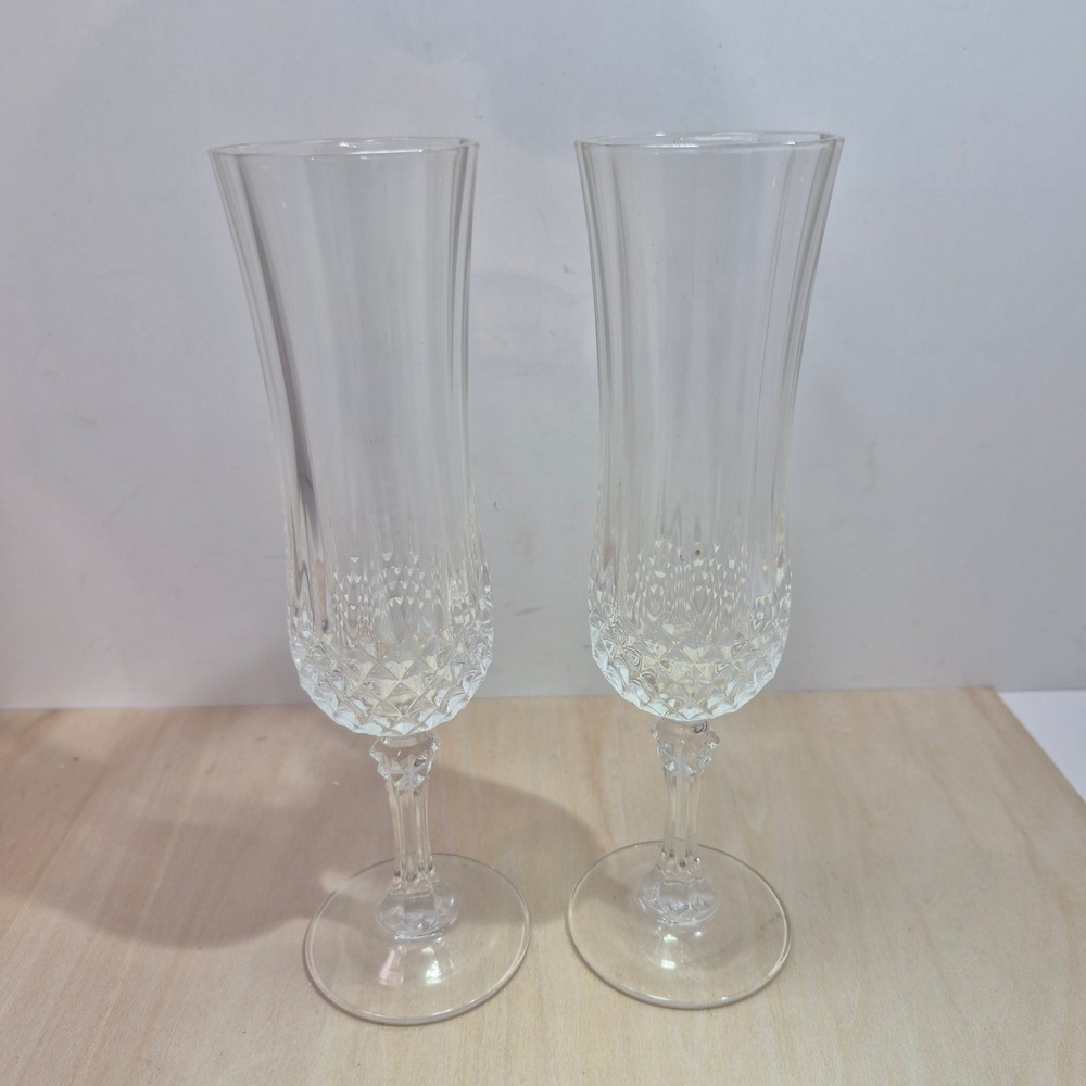 Vintage Crystal Champagne Flutes Set of 2 Diamond Cut Vertical Ribbed Stemware